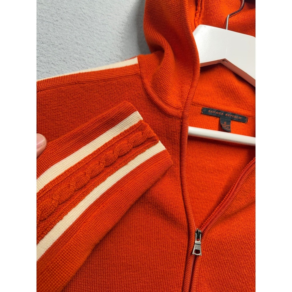 VTG Banana Republic Merino Wool Zip Hoodie S Orange Cable Knit Striped Unworn